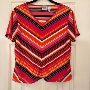 Women's Striped V-Neck Top - Pink and Orange